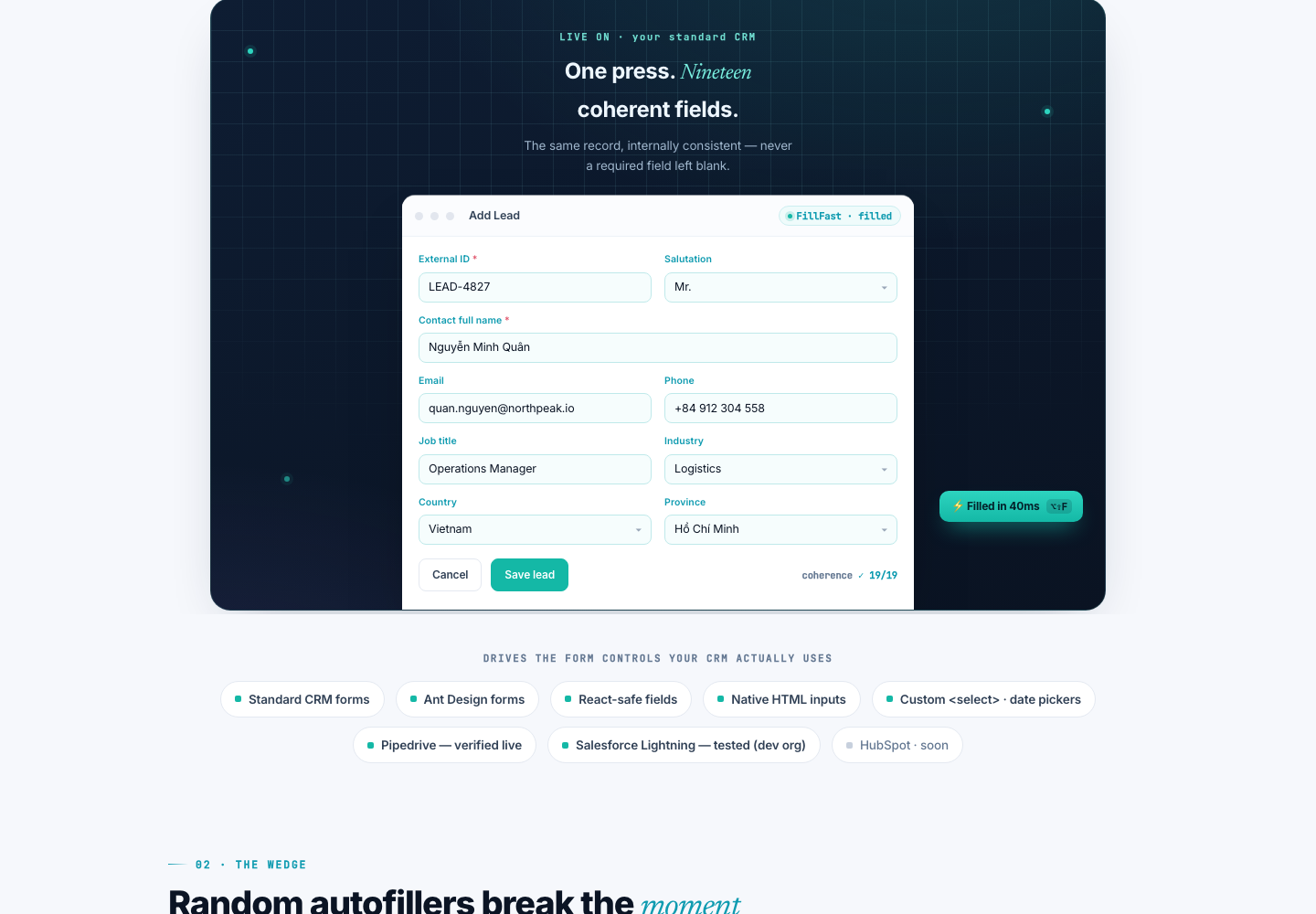 FillFast — một lần nhấn, 19 field nhất quán